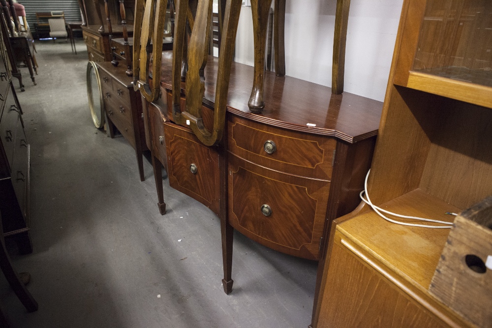 REPRODUCTION FLAME MAHOGANY AND MAHOGANY BREAKFRONT SIDEBOARD, WITH DRAWERS, OVER FOUR CUPBOARDS