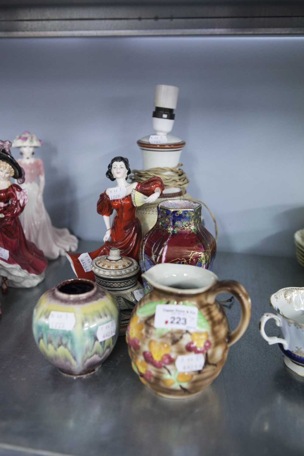 A WILTON WARE LUSTRE HEXAGONAL JAR AND COVER, A STUDIO POTTERY SQUAT VASE, ROYAL ART POTTERY JUG,