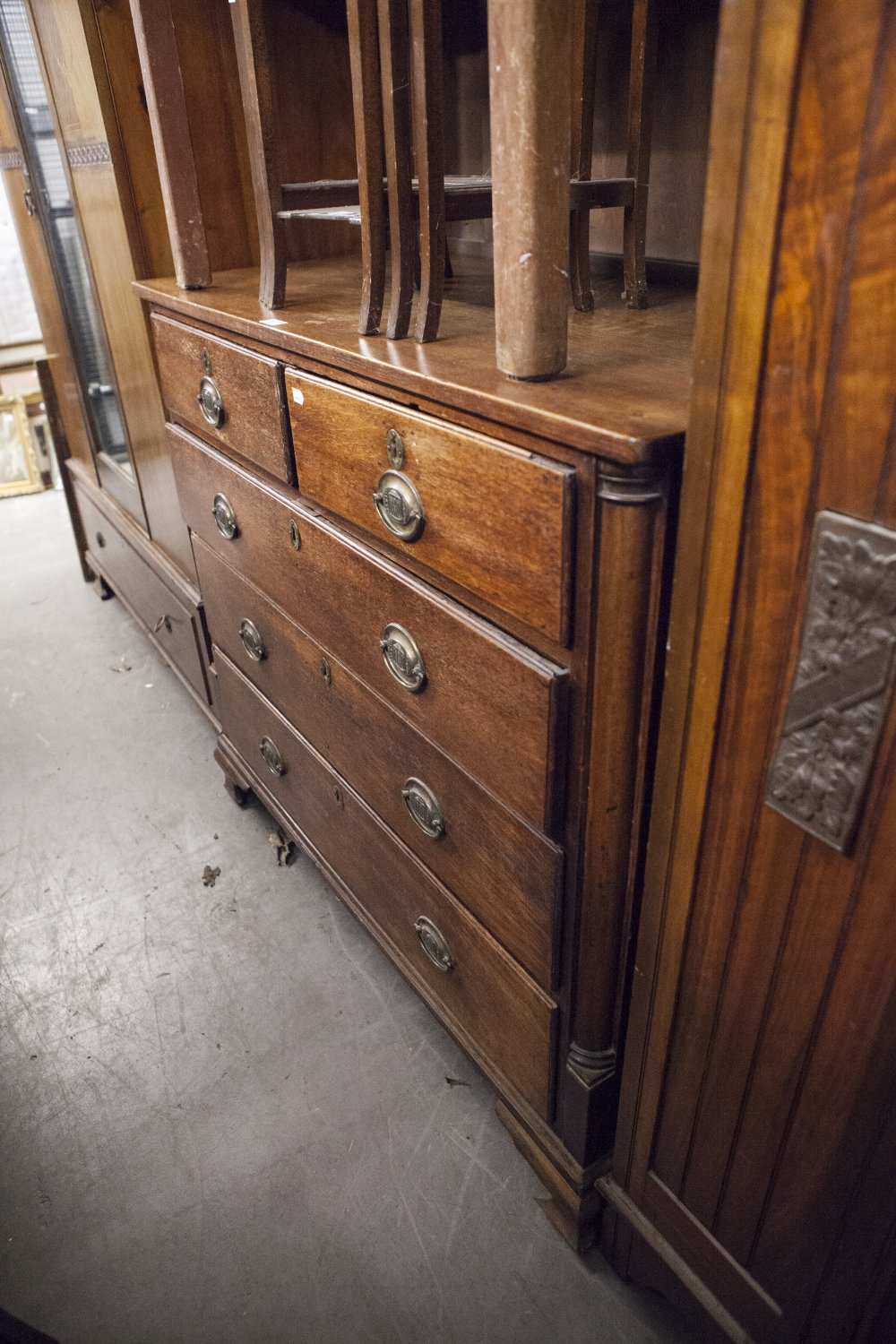 GEORGE III, LATE EIGHTEENTH CENTURY OAK CHEST OF TWO SHORT AND THREE GRADUATED LONG DRAWERS, WITH