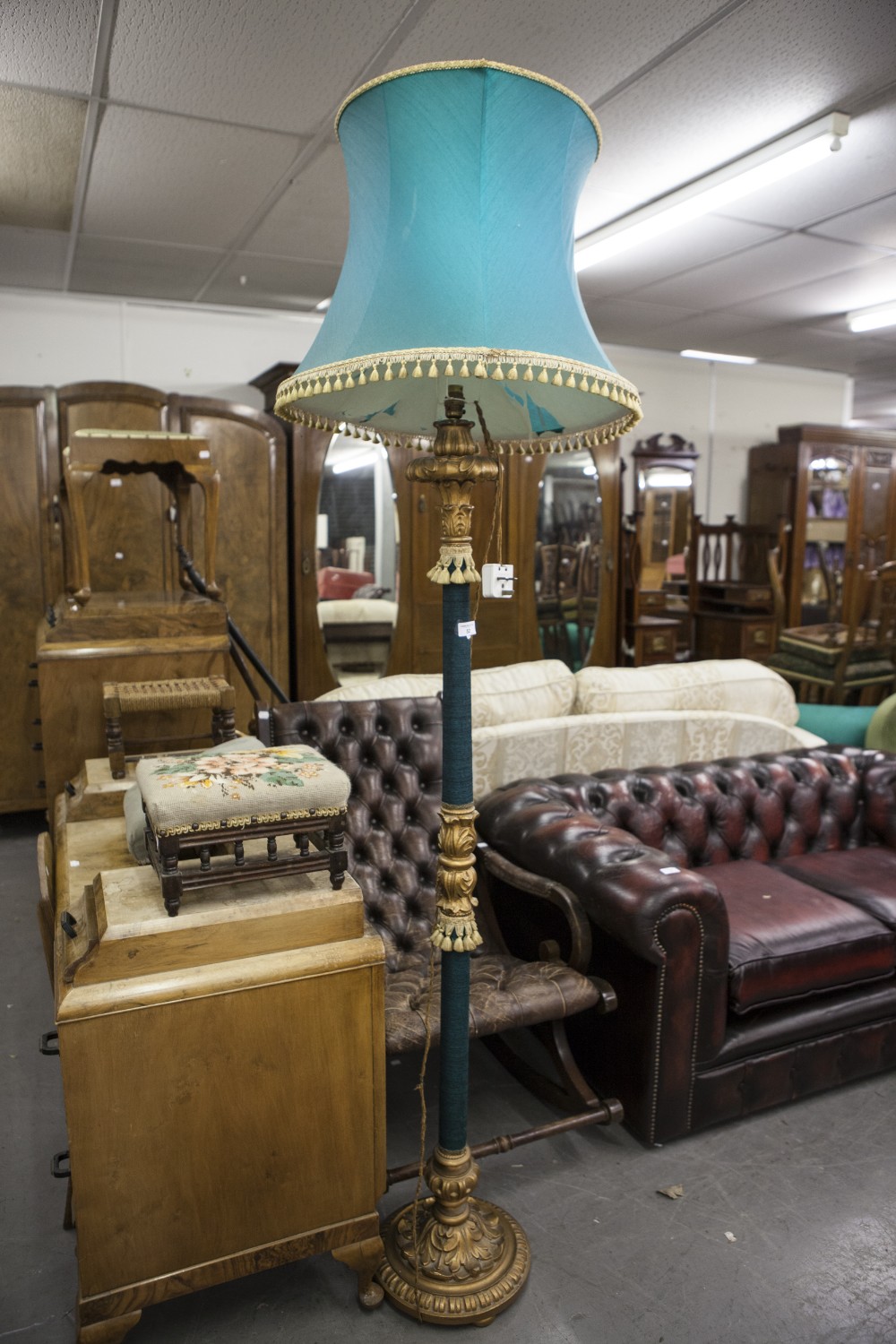 CARVED AND GILTWOOD STANDARD LAMP AND SHADE WITH FABRIC APPLIED TO COLUMN