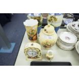 AYNSLEY CHINA FRUIT PAINTED SUITE OF CLOCK, GINGER JAR AND COVER, VASE (4)