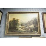 LARGE VARNISHED COLOUR PRINT EXTENSIVE LANDSCAPE WITH FIGURES BESIDE A WOODEN BRIDGE IN THE