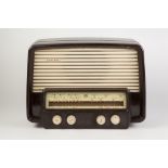 CIRCA 1940'S DEFIANT RADIO RECEIVER MODEL M.S.H 555 AC brown bakelite with cream louvres over