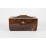 REGENCY ROSEWOOD LARGE SARCOPHAGUS SHAPED TEA CADDY with boxwood inlaid edges, ivory lock plate, the