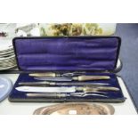 VICTORIAN MEAT AND GAME CARVING SET OF 5 PIECES WITH HORN HANDLES IN CASE