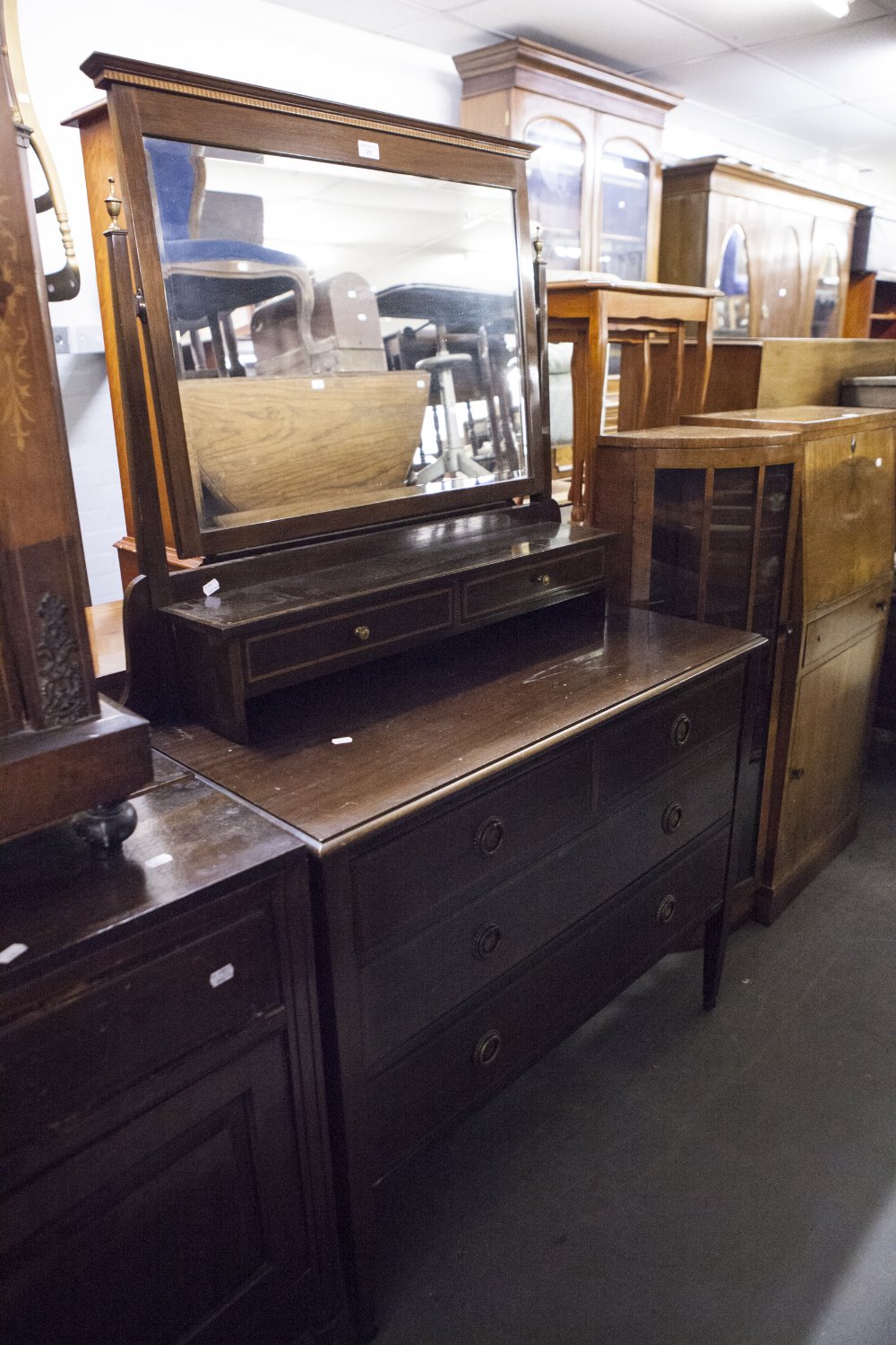 A VICTORIAN MAHOGANY AND INLAID DRESSING CHEST, THE OBLONG SWING MIRROR OVER STAND WITH TWO SHORT