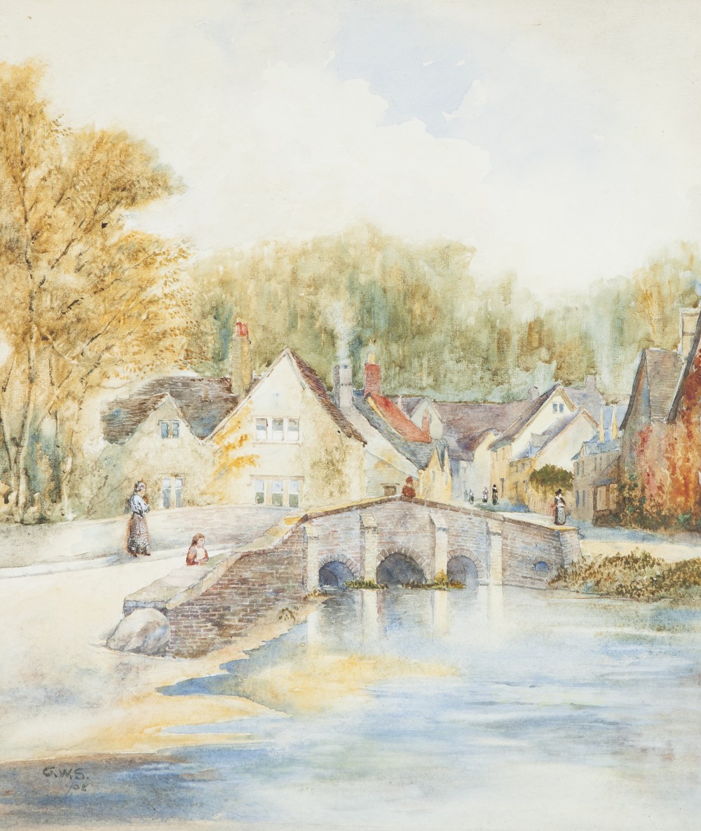 G.W.S. (NINETEENTH/ TWENTIETH CENTURY) WATERCOLOUR River scene with figures on stone bridge and a