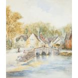 G.W.S. (NINETEENTH/ TWENTIETH CENTURY) WATERCOLOUR River scene with figures on stone bridge and a