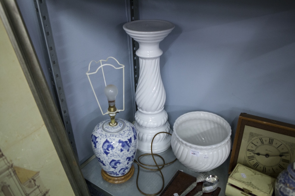 A MODERN CHINESE BLUE AND WHITE SATSUMA LAMP ON WOODEN STAND AND A WHITE GLAZED JARDINIERE ON