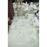 QUANTITY OF GLASS; TWO MOULDED DECANTERS, IN METAL SWING handled case and various other glass items