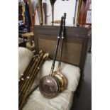 NINETEENTH CENTURY COPPER AND BRASS BED WARMING PAN, WITH UNUSUAL ARMORIAL DECORATION TO THE LID AND