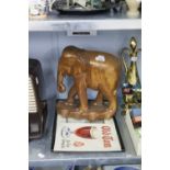 MIXED LOT- CARVED TEAK WOOD MODEL OF AN ELEPHANT, 13" high, COLOUR PRINT OF OLD TRAFFORD FOOTBALL