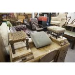 VICTORIAN LOW SQUARE FOOTSTOOL, COVERED IN GREEN VELVET AND AN OAK OBLONG FOOTSTOOL, COVERED IN