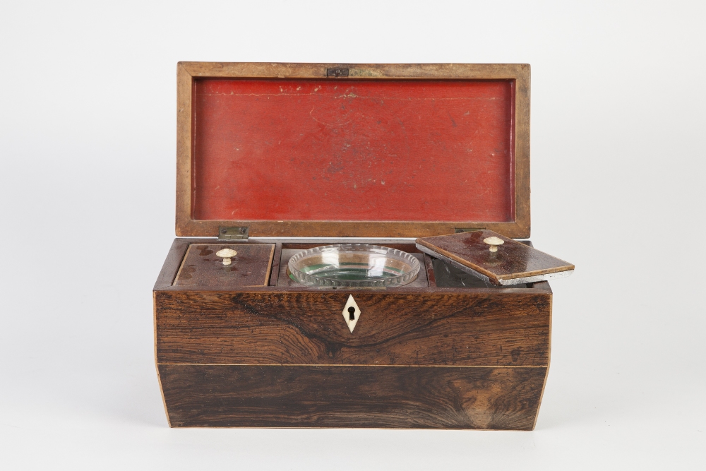 REGENCY ROSEWOOD LARGE SARCOPHAGUS SHAPED TEA CADDY with boxwood inlaid edges, ivory lock plate, the - Image 2 of 2