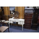 PAIR OF MODERN THREE DRAWER BEDSIDE DRAWERS, WHITE AND GILT FINISHED DRESSING TABLE AND A POUFFE