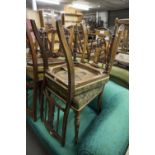 A PAIR OF EDWARDIAN MARQUETRY INLAID DRAWING ROOM SINGLE CHAIRS WITH PIERCED SPLAT BACKS, STUFF OVER