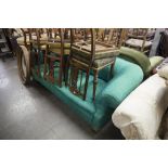 VICTORIAN CHESTERFIELD SETTEE WITH HEAVY TURNED FRONT SUPPORTS AND THE CUSHIONS