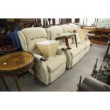 H.S.L. MODERN RELAX AND RECLINE EASY CHAIR AND THE MATCHING THREE SEATER SETTEE, IN FAWN FLORAL