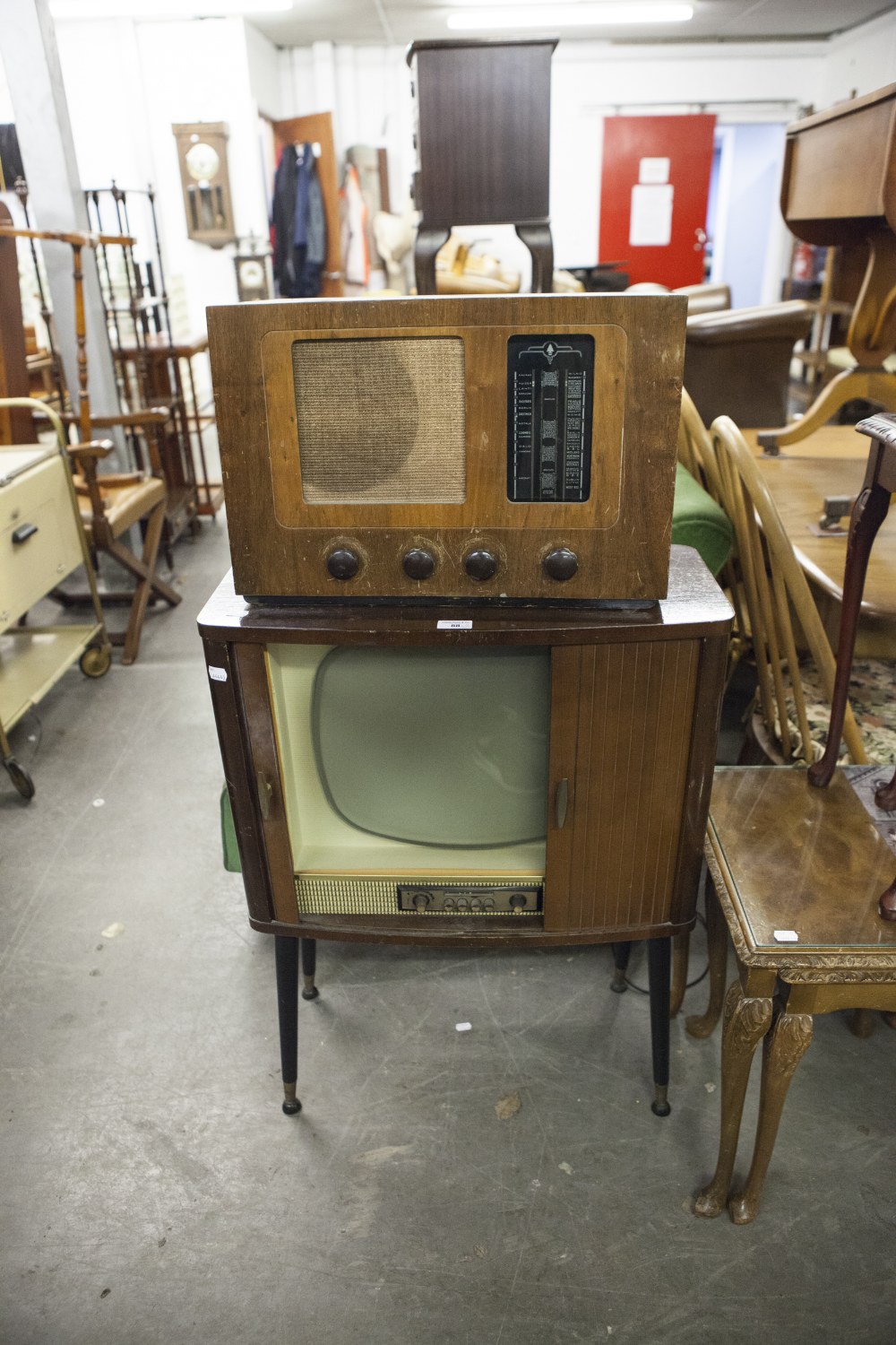 CIRCA 1960's TELEVISION SET, A WALNUTWOOD CASE WITH TAMBOUR SHUTTER AND AN OLD BUSH VALVE RADIO