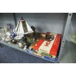 A BRASS TABLE LAMP, COPPER WATER JUG AND SMALL BARREL, A WALKING STICK AND THREE BOXED GAMES,