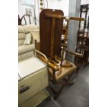 GEORGIAN STYLE YEW WOOD OBLONG OCCASIONAL TABLE AND AN OPEN ARMCHAIR WITH LEATHER BACK AND SEAT, 'X'