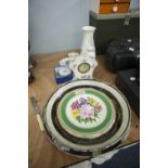 A PORCELAIN MANTEL CLOCK, A LARGE FAIENCE CIRCULAR DISH AND SUNDRY CERAMICS