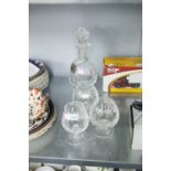 WATERFORD CRYSTAL BRANDY BALLOON, CUT GLASS DECANTER, TWO OTHER BRANDY BALLOONS, AND A SILVER BRANDY