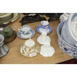 MODERN ROYAL CROWN DERBY GILT PRINTED CABINET CUP AND SAUCER, A SPODE AND A AN OLD CHELSEA