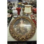 EARLY TWENTIETH CENTURY COLOUR PRINT OF GAINSBOROUGH LADY, IN OVAL ORNATE GILT FRAME CHINESE BLANC