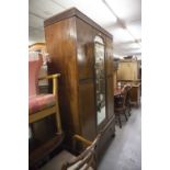 EARLY TWENTIETH CENTURY INLAID MAHOGANY WARDROBE WITH MIRROR PANEL DOOR AND DRAWER BELOW, ON OGEE