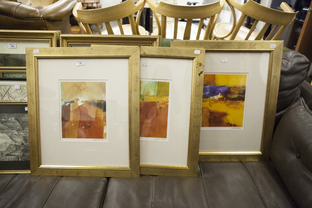 A SET OF FOUR COLOUR PRINTS IN GILT FRAMES (4)