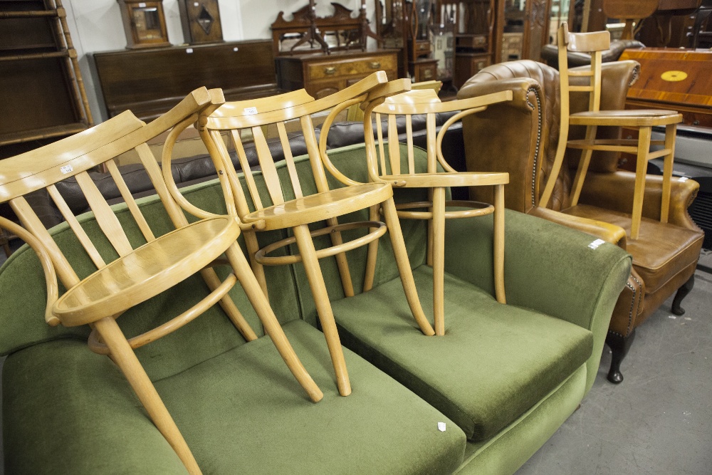 THREE MODERN BENTWOOD TUB SHAPED ARMCHAIRS AND A LADDERBACK SINGLE CHAIR (4)