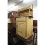 A SMALL PINE CUPBOARD WITH SINGEL DRAWER AND DOOR BELOW, A SMALL PINE WALL CUPBOARD WITH GLAZED