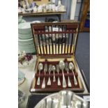 A CASED SET OF ELECTROPLATE CUTLERY FOR SIX PERSONS, SOME WITH BONE HANDLES, IN OAK FITTED BOX AND A