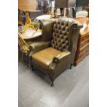 GEORGE STYLE BUTTON LEATHER AND STUDDED WING EASY ARMCHAIR (SEAT CUSHION DOES NOT MATCH)