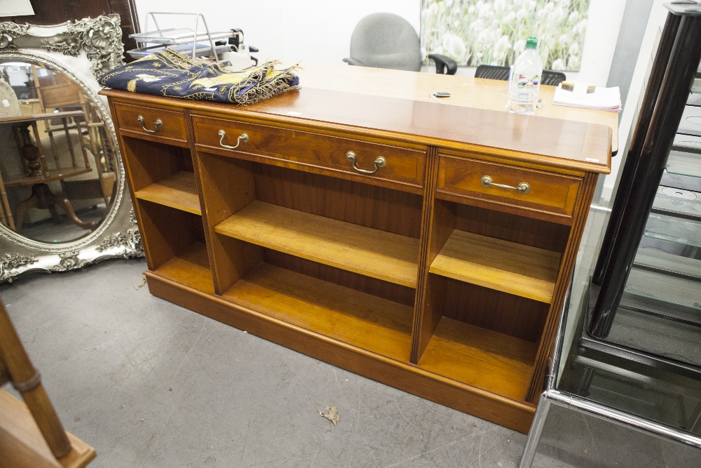 GEORGIAN STYLE YEW WOOD BREAKFRONT OPEN BOOKCASE WITH THREE FRIEZE DRAWERS