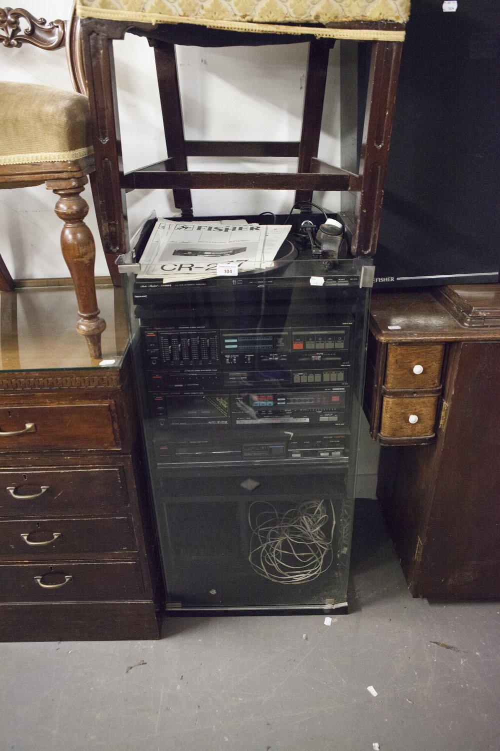 FISHER STACKING HI-FI SYSTEM IN GLAZED CASE AND A PAIR OF SPEAKERS