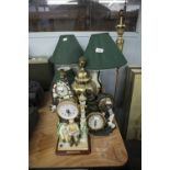 FIVE TABLE LAMPS, TWO BRASS, TWO POTTERY, ONE METAL AND A STANDARD LAMP, FOUR QUARTZ MANTEL CLOCKS