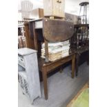 A SMALL OAK WRITING TABLE WITH FRIEZE DRAWER AND AN OAK 'D' END DROP LEAF DINING TABLE (2)