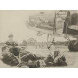 H. BOXER (TWENTIETH CENTURY) PENCIL DRAWING Aircrew sat beside the 'Memphis Belle' bomber Signed and