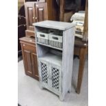 A MODERN WOODEN PAINTED BATHROOM CABINET AND STAND, HAVING TWO PULL OUT BASKETS, OPEN SHELF OVER A