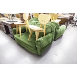 A 1930's GREEN OVERSTUFFED THREE PIECE SUITE, WITH LOOSE BACK CUSHIONS (ONE ARM A.F.)