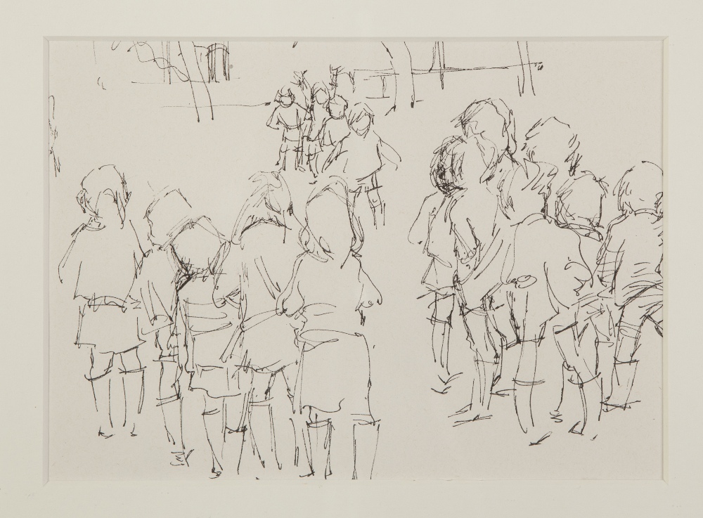 JEAN LUNN (TWENTIETH CENTURY) PEN AND INK 'Children Playing at Cathedral Close' Signed and titled - Image 2 of 2