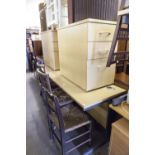 TWO LIGHT OAK EFFECT TABLE DESKS, on grey metal supports, 3'3" x 2', each with a small light oak