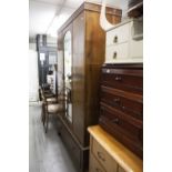 EARLY TWENTIETH CENTURY INLAID MAHOGANY WARDROBE WITH MIRROR PANEL DOOR AND DRAWER BELOW, ON OGEE