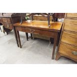 NINETEENTH CENTURY MAHOGANY FOLD-OVER LARGE TEA TABLE WITH SHORT DRAWER AND SQUARE SUPPORTS, CUT