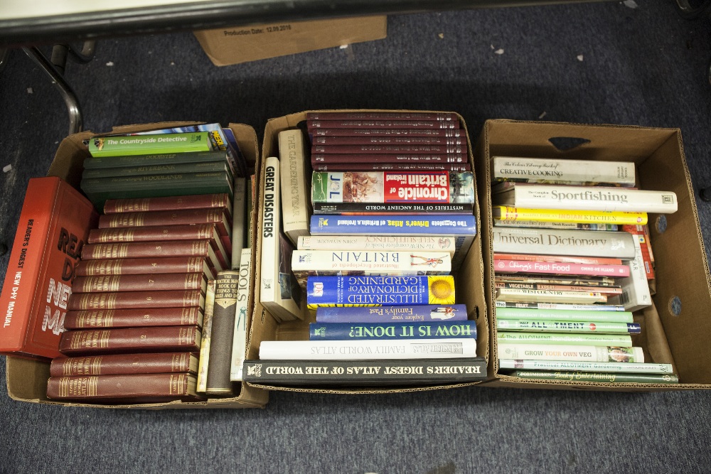 THREE BOXES OF BOOKS INCLUDING 10 VOLS of 'NEWNES PICTORIAL KNOWLEDGE' PLUS THE ATLAS AND TWO