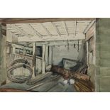MADGE BRIERLEY (TWENTIETH CENTURY) WATERCOLOUR DRAWING Barn interior with three chickens, '