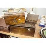VICTORIAN WALNUTWOOD WORK BOX AND ANOTHER AND THREE SMALL MATCH STICK HOLDERS WITH BRASS ANIMAL