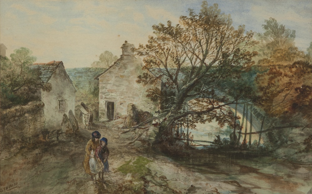 J.THOMAS (NINETEENTH CENTURY) WATERCOLOUR DRAWING River landscape with stone bridge, figures and